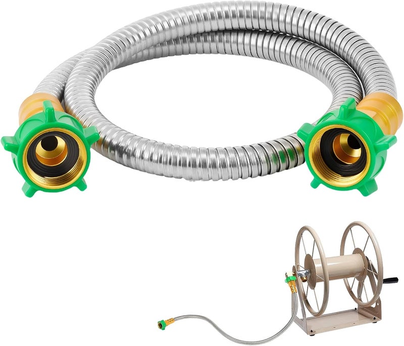 Beeplove 3ft Short Garden Hose with Female to Female Connector - Metal Leakproof Leader Hose for Hose Reel, Heavy Duty 304 Stainless Steel Flexible Hose for Outdoor Garden Watering Car Pet Cleaning - Image 1